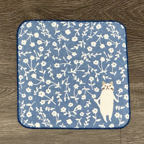 Kitten Cat Loves Flowers Japanese Handkerchief ❘ Hand Towel ❘ Face Towel (Blue) - Picture 1 of 6